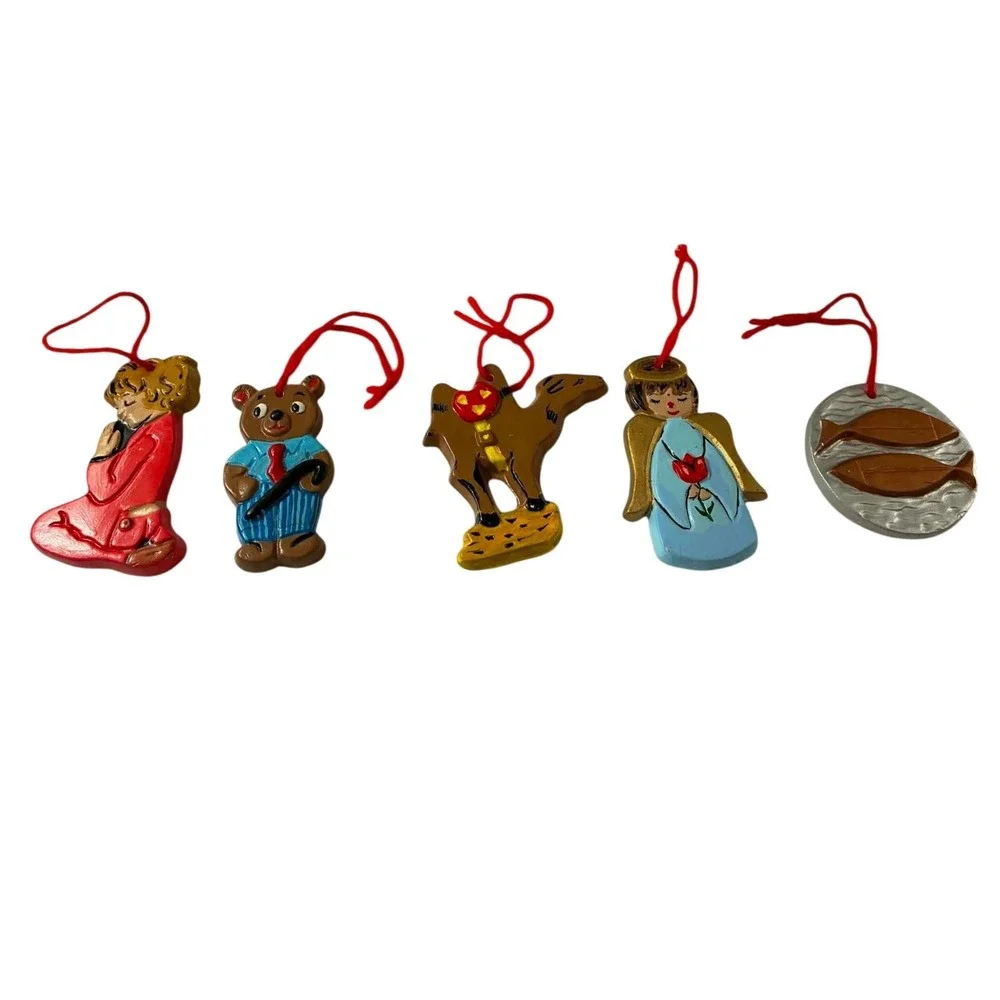 Vintage Handmade Christmas Ornament Lot of 5 Angel Reindeer Bear Child Fish 1974